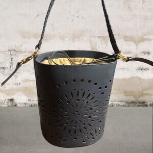 Chico's Navy Laser-Cut Bucket Crossbody with Tan Liner